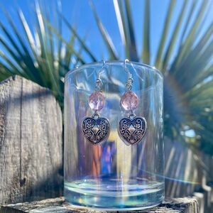 Handcrafted Silver Heart Earrings with Pink Crystal Accents